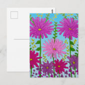 Levendige roze bloem tekening op blauw briefkaart (Voorkant / Achterkant)