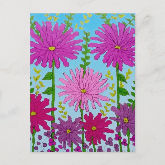Levendige roze bloem tekening op blauw briefkaart (Voorkant)