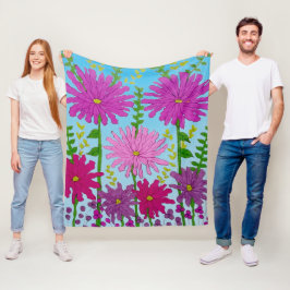 Levendige roze bloem tekening op blauw fleece deken