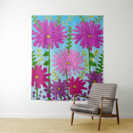 Levendige roze bloem tekening op blauw wandkleed