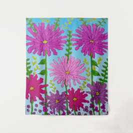 Levendige roze bloem tekening op blauw wandkleed