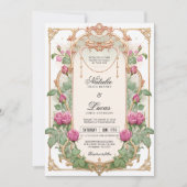 Levendige Roze Bloemige Groene Huwelijksuitnodigin Kaart (Voorkant)
