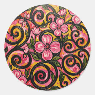 Levendige Roze Bloemige Spiraal Kunst Ronde Sticker
