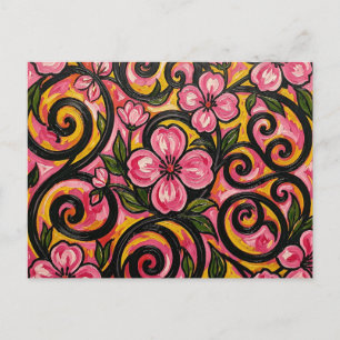 Levendige Roze Bloemige Wervelende Kunst Briefkaart