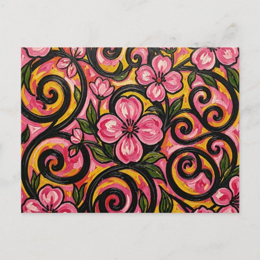 Levendige Roze Bloemige Wervelende Kunst Briefkaart (Voorkant)