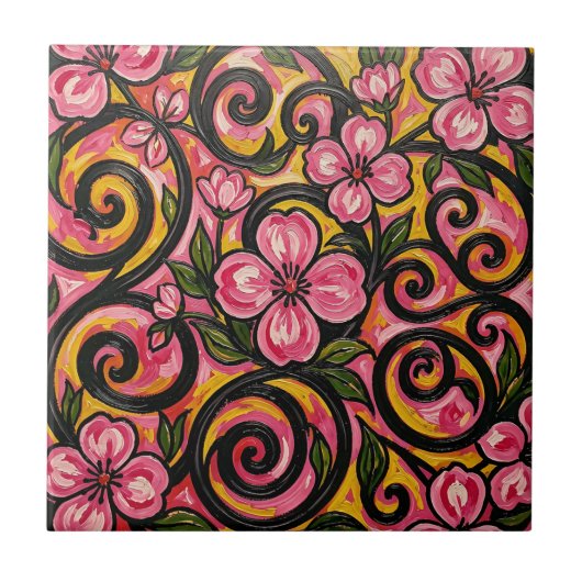 Levendige Roze Bloemige Wervelende Kunst Tegeltje (Voorkant)