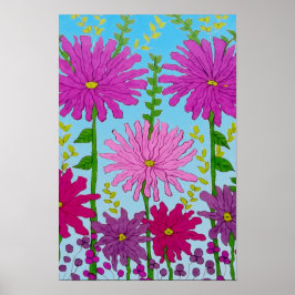 Levendige roze bloemtekening op blauw poster
