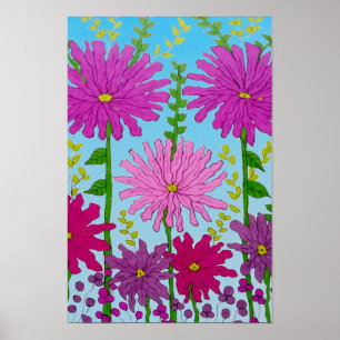 Levendige roze bloemtekening op blauw poster