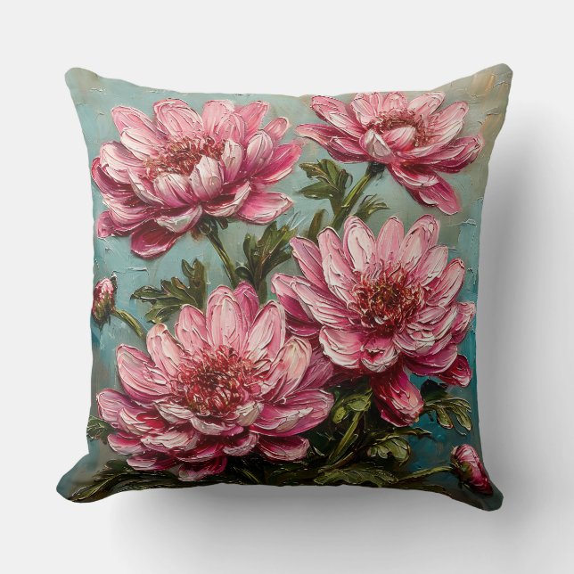 Levendige Roze Chrysanthemum Bloemen Kussen (Voorkant)