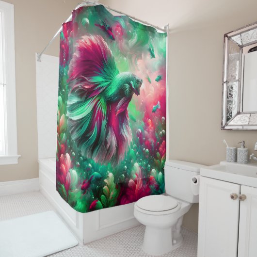 "Levendige roze en groene Betta Fish Art" Douchegordijn (In situ)