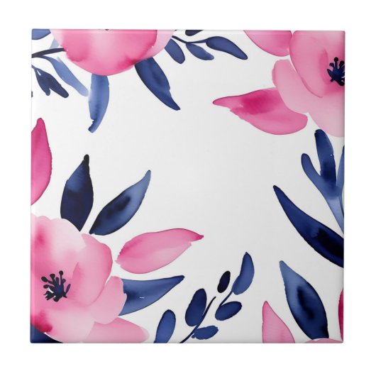 Levendige roze en Navy Waterverf Flowers Tegeltje (Voorkant)