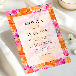 Levendige Roze en Oranje Aquarel Bloemige Bruiloft Kaart