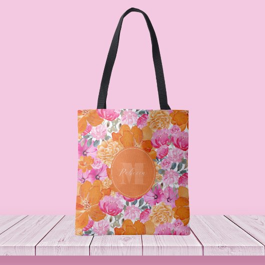 Levendige Roze en Oranje Bloementuin Aangepaste na Tote Bag