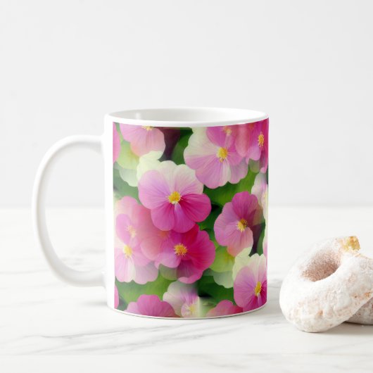 Levendige roze en witte impatiens Vloeiend Patroon Koffiemok (Met donut)