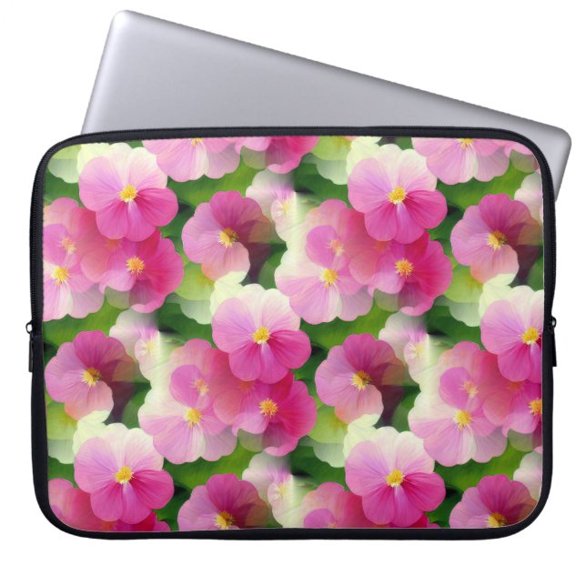 Levendige roze en witte impatiens Vloeiend Patroon Laptop Sleeve (Voorkant)