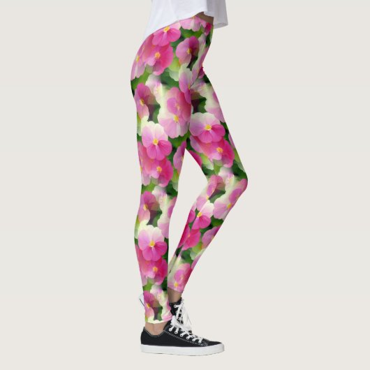 Levendige roze en witte impatiens Vloeiend Patroon Leggings (Rechts)