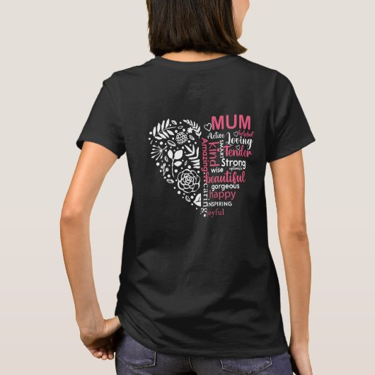 Levendige roze en witte retro bloemen hart mama t-shirt (Achterkant)