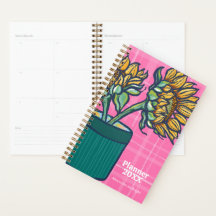 Levendige Roze Geruite Gele Zonnebloem Planner