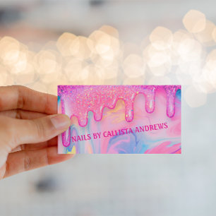 Levendige Roze Glitter Drip Art voor Nail Design Visitekaartje