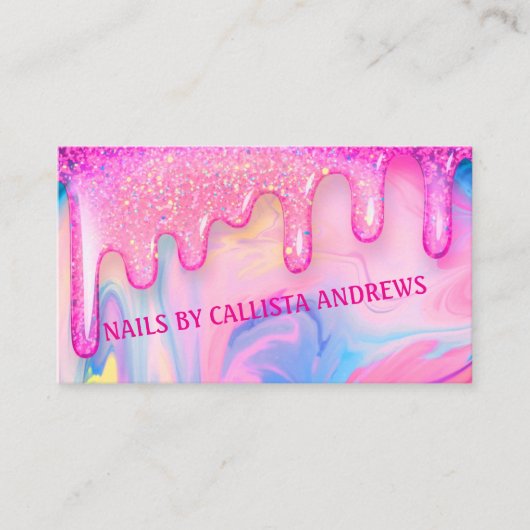 Levendige Roze Glitter Drip Art voor Nail Design Visitekaartje (Voorkant)