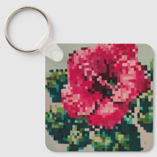 Levendige roze hibiscus pixel art sleutelhanger