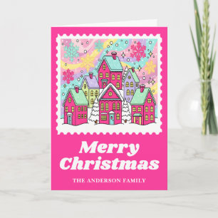 Levendige roze kerstdorp postzegel feestdagen kaart