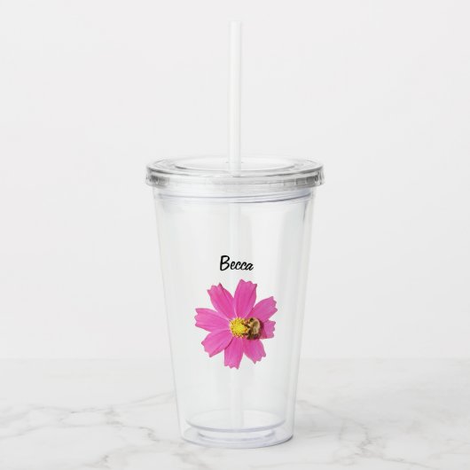 Levendige Roze Kosmos Bloem met een Bijen Geperson Acryl Drinkbeker (Voorkant)