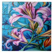 Levendige roze lelies tegen een blauwe achtergrond tegeltje (Voorkant)