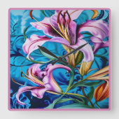 Levendige roze lelies tegen een blauwe achtergrond vierkante klok (Voorkant)