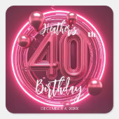 Levendige Roze Neon 40e Verjaardagsfeest Vierkante Sticker (Voorkant)
