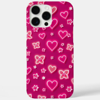 Levendige Roze Neon Harten en Bloemen Retro Patroo iPhone 16 Pro Max Hoesje
