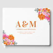 Levendige Roze & Oranje Bloemen Monogram Bruiloft Gastenboek (Voorkant)