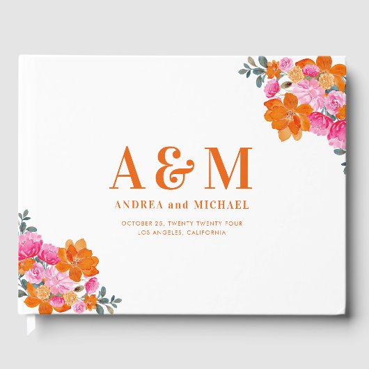 Levendige Roze & Oranje Bloemen Monogram Bruiloft Gastenboek (Voorkant)