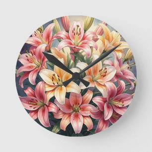 Levendige Roze Oranje Witte Lelies Waterverf Bloem Ronde Klok