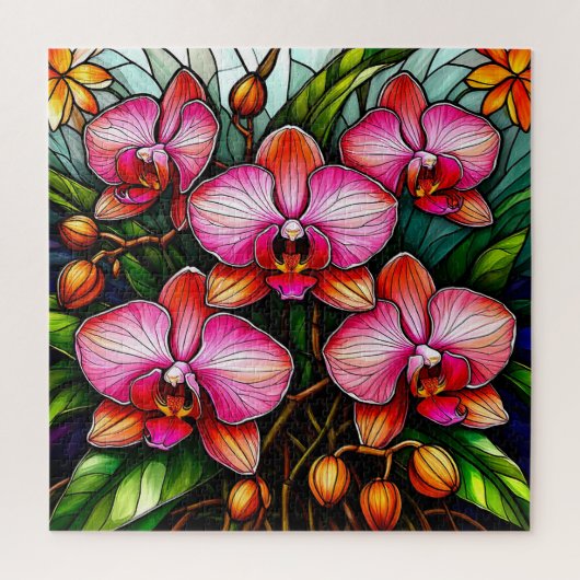 Levendige roze orchideeën in Glas in lood artwork Legpuzzel (Verticaal)
