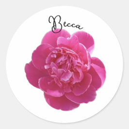Levendige roze pioen bloem gepersonaliseerd ronde sticker
