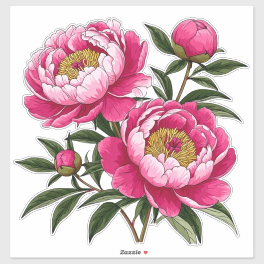 Levendige Roze Pioen Bloemschildering Sticker (Vel)