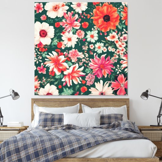 Levendige roze-rode en delicate witte bloemen canvas afdruk (Insitu (Slaapkamer))