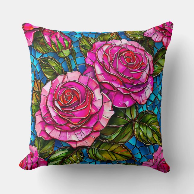 Levendige roze roos met bloempatroon kussen (Voorkant)