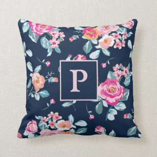 Levendige Roze Rozen Bloempatroon Monogram Kussen
