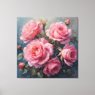 Levendige roze rozen met dauw olieverfschilderij canvas afdruk