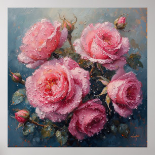 Levendige Roze Rozen met Dauwolieverfschilderij Poster