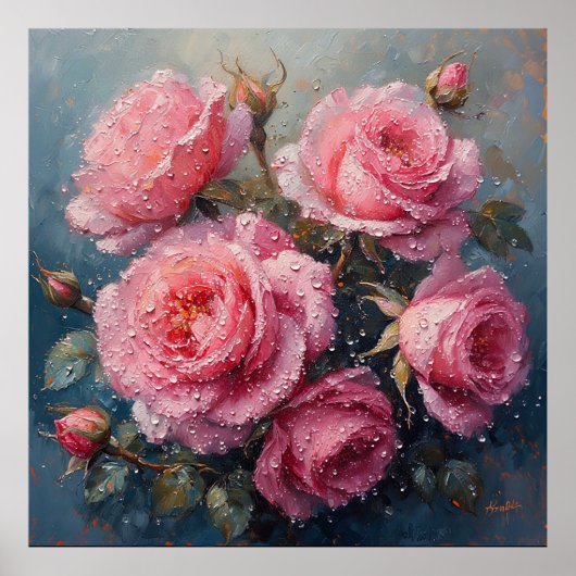Levendige Roze Rozen met Dauwolieverfschilderij Poster (Voorkant)