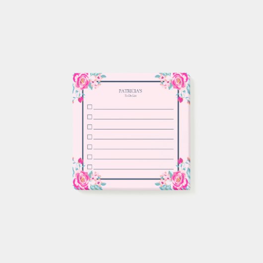 Levendige Roze Rozen Op Blush Aangepaste Naam Post-it® Notes (Voorkant)