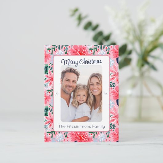 Levendige Roze Tropische Kerstfoto Feestdagenkaart (Staand voorkant)