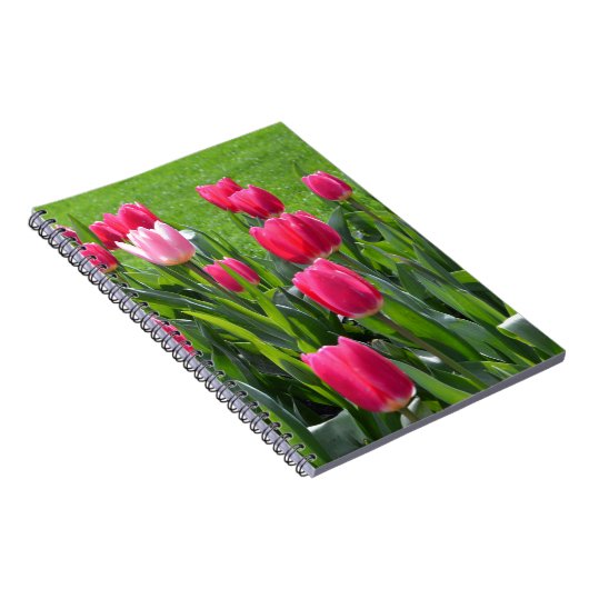 Levendige roze tulpbloemen en groene bladeren. notitieboek (Rechterzijde)