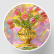 Levendige roze tulpen in gouden vaas