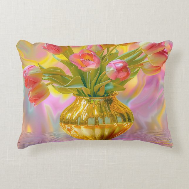 Levendige roze tulpen in gouden vaas accent kussen (Voorkant)