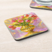 Levendige roze tulpen in gouden vaas bier onderzetter (Linkerzijde)