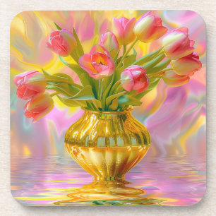 Levendige roze tulpen in gouden vaas bier onderzetter